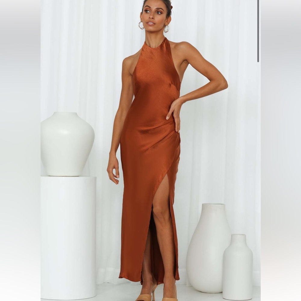 Hello Molly brown, satin high neck, low back dress with leg slit